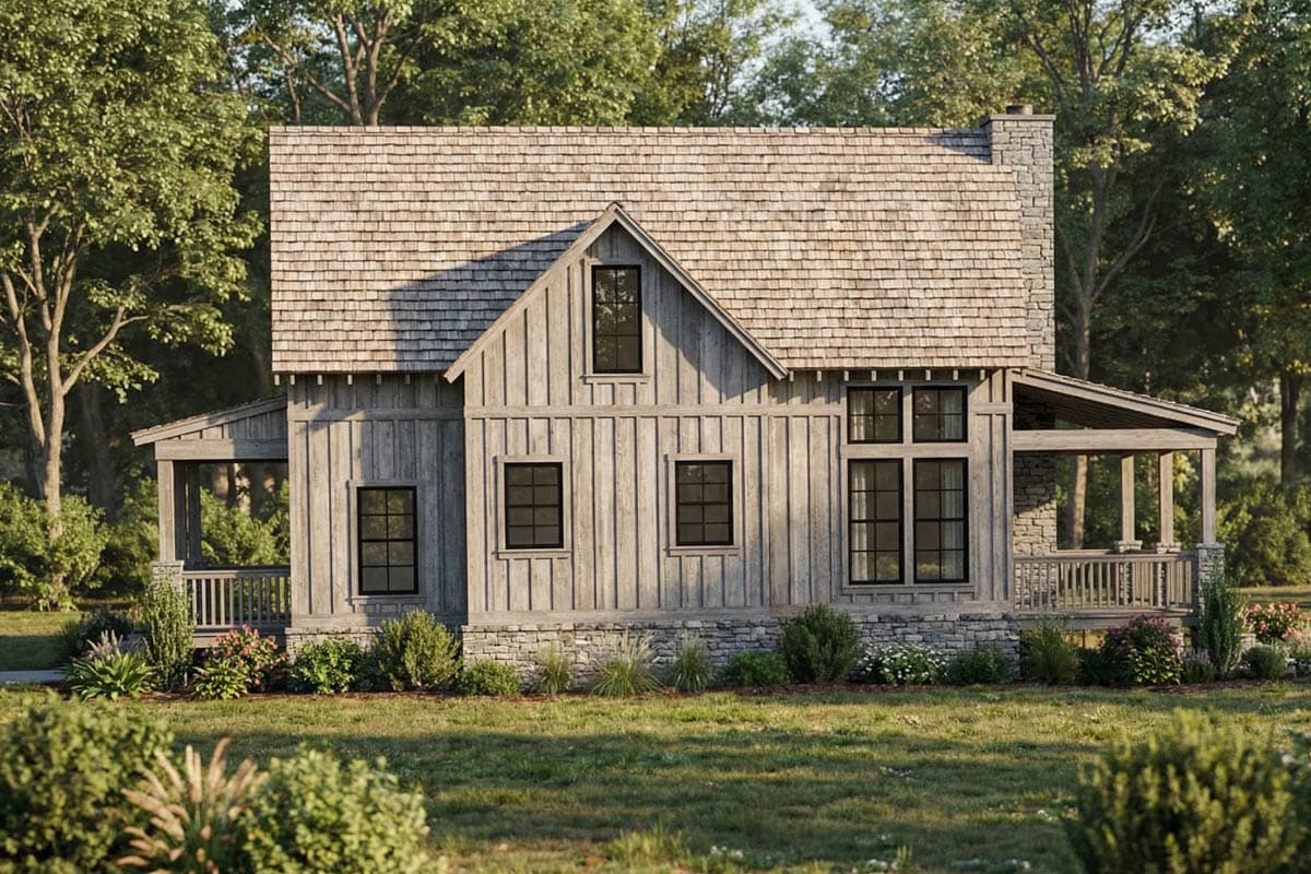Modern Farmhouse house plan exterior with gabled dormer, stone foundation, and covered front porch.