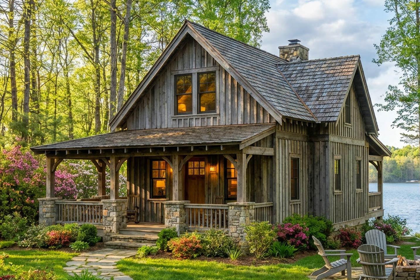 Rustic cabin exterior with a covered porch, stone foundation, wood siding, and gabled rooflines.