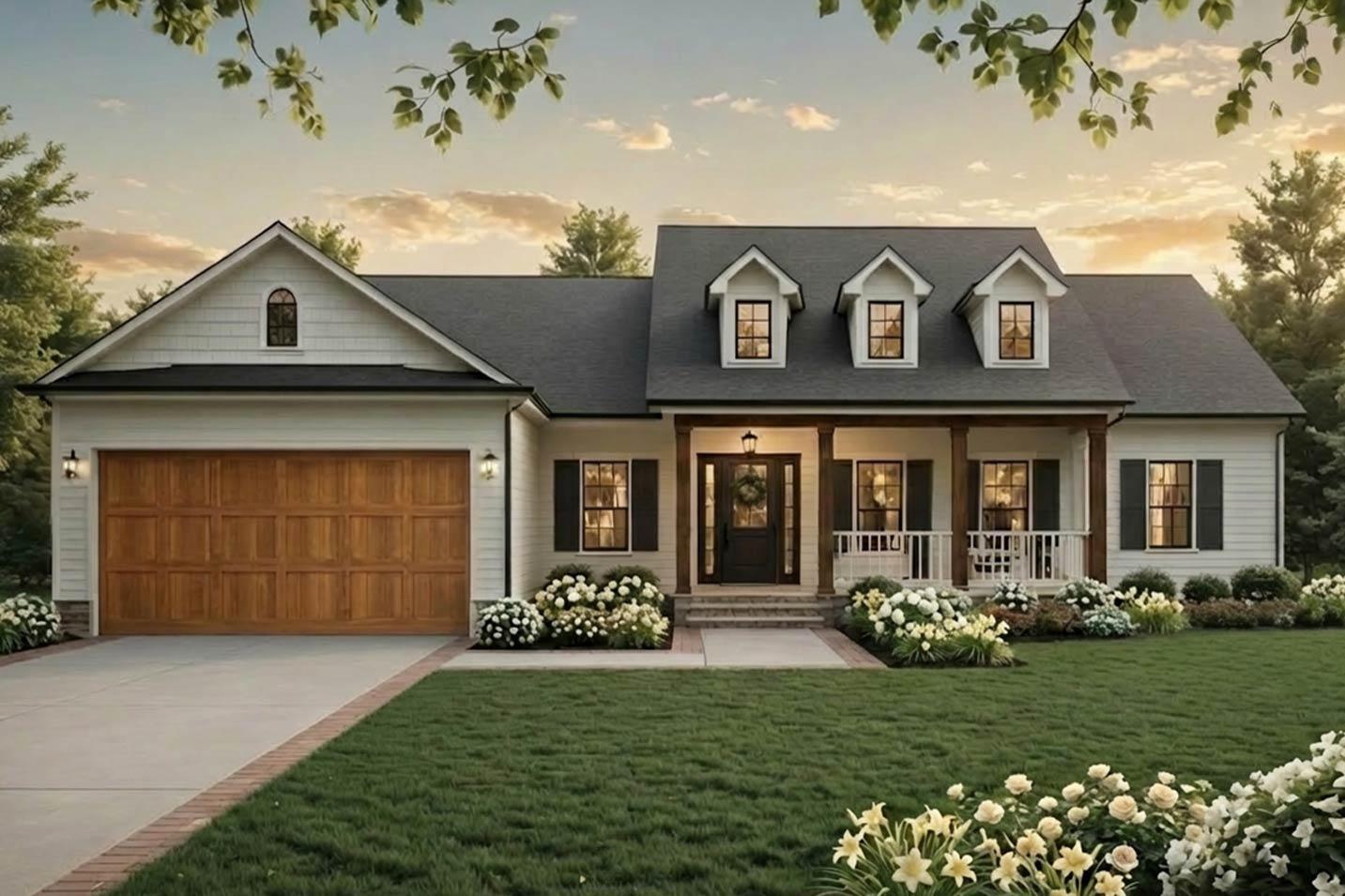 House plan exterior: Modern Farmhouse style, one story, with gabled dormers, covered porch, and attached garage.