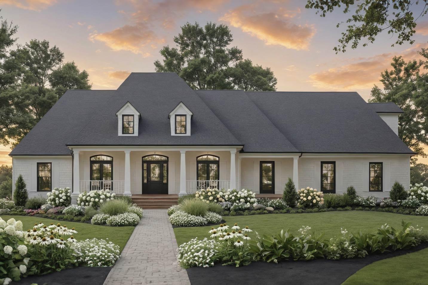 House plan exterior: White sided two-story home with dark roof, dormers, covered porch with columns, and arched entry doors.