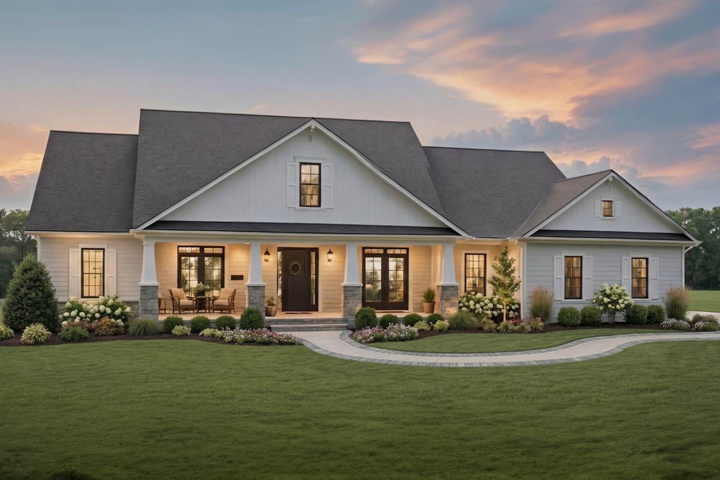 House plan exterior: Ranch style with covered front porch, multiple gables, stone accents and dormer windows.