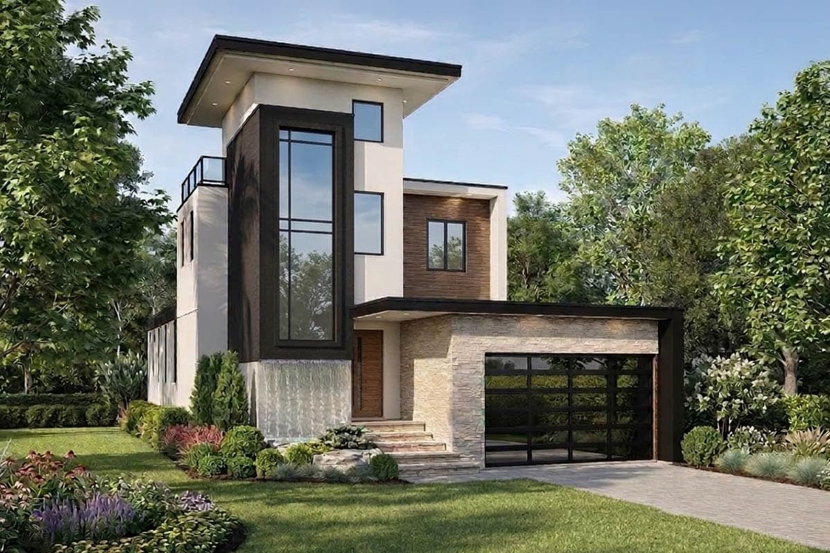 Modern house plan exterior with a two-story design, flat roof, stone and wood facade, and glass garage door.