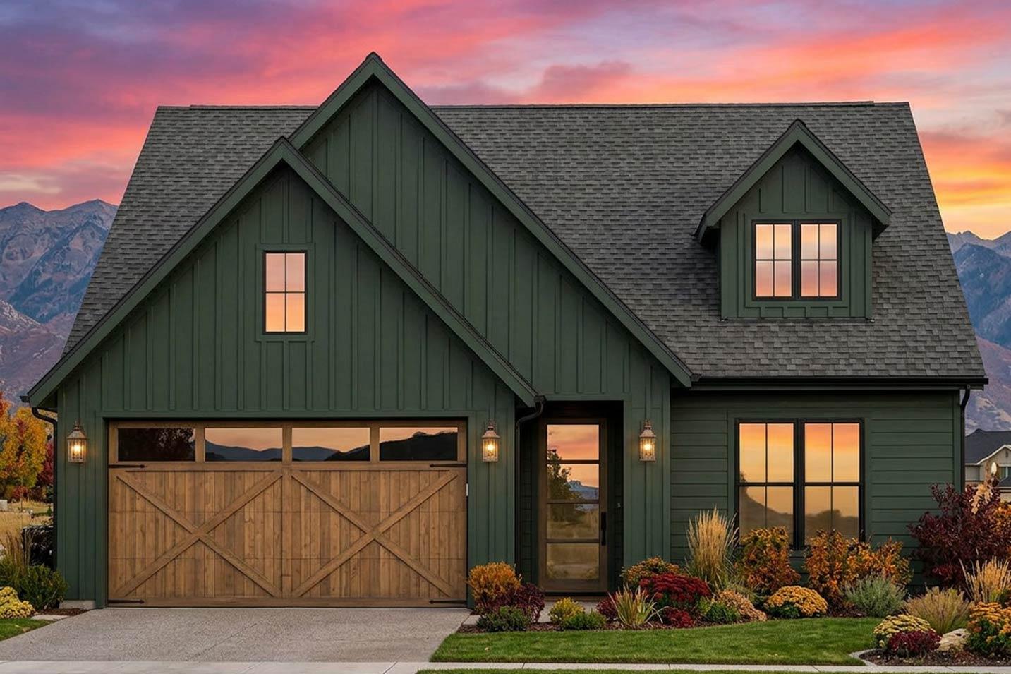 Modern Farmhouse house plan exterior with board and batten siding, a prominent gable, a dormer, and a wooden garage door.