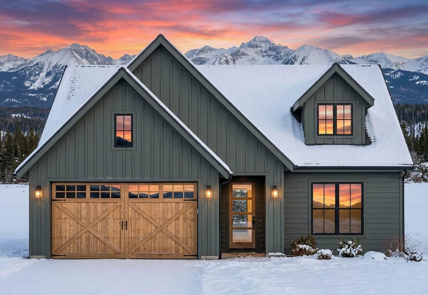 Modern Farmhouse house plan exterior with board and batten siding, a wooden garage door, and dormer.