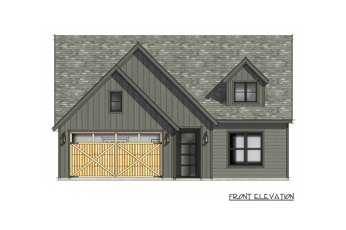 Front elevation of a house plan with a prominent gable, dormer, wood paneled garage door, and glass entry door.