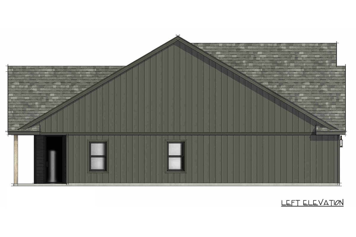 Left elevation of a house plan featuring vertical siding, a prominent gable, a small covered entry, and two windows.