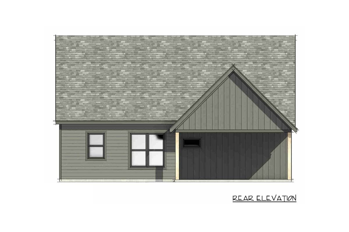Rear elevation drawing of a house plan, showing horizontal siding, gable roofline, and attached garage.
