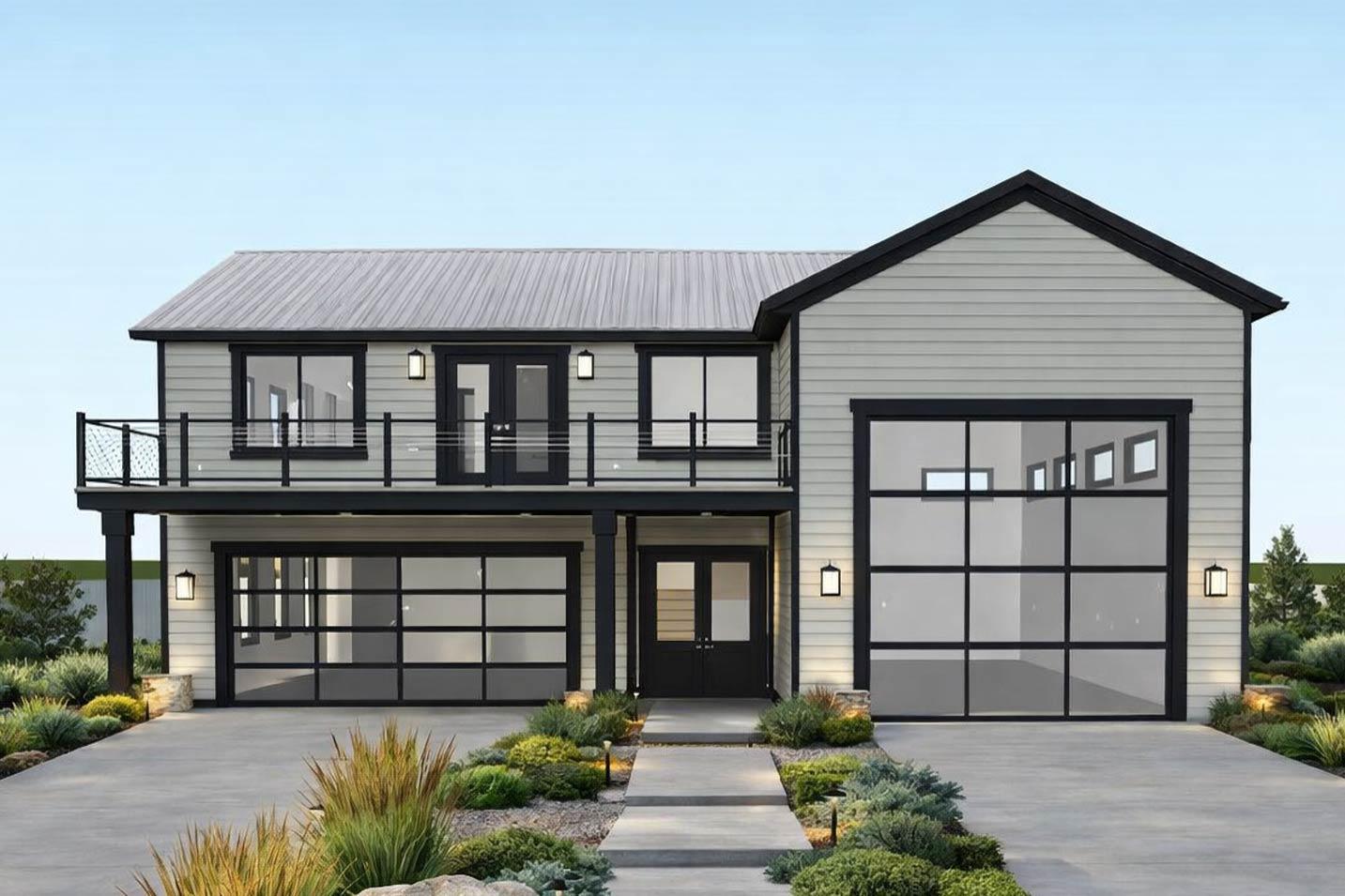Two-story house plan exterior with metal roof, upper-level balcony, double front doors, and three glass garage doors.
