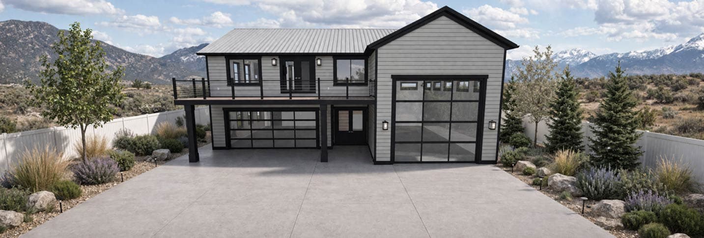 Modern house plan exterior: two stories, metal roof, siding, second-story balcony, and glass garage doors.