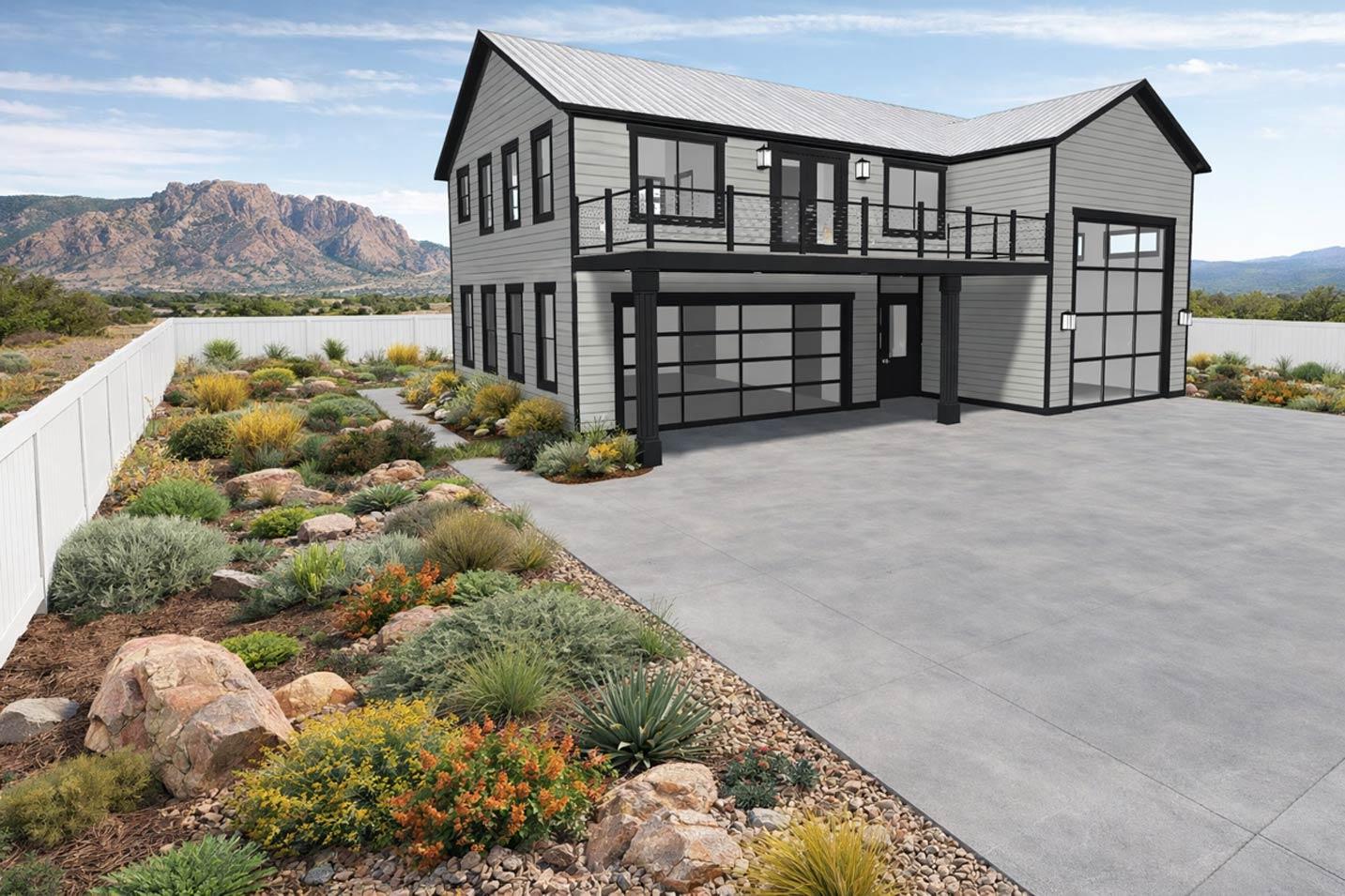House plan exterior: two-story modern farmhouse with metal roof, upper-level balcony, and multiple glass garage doors.