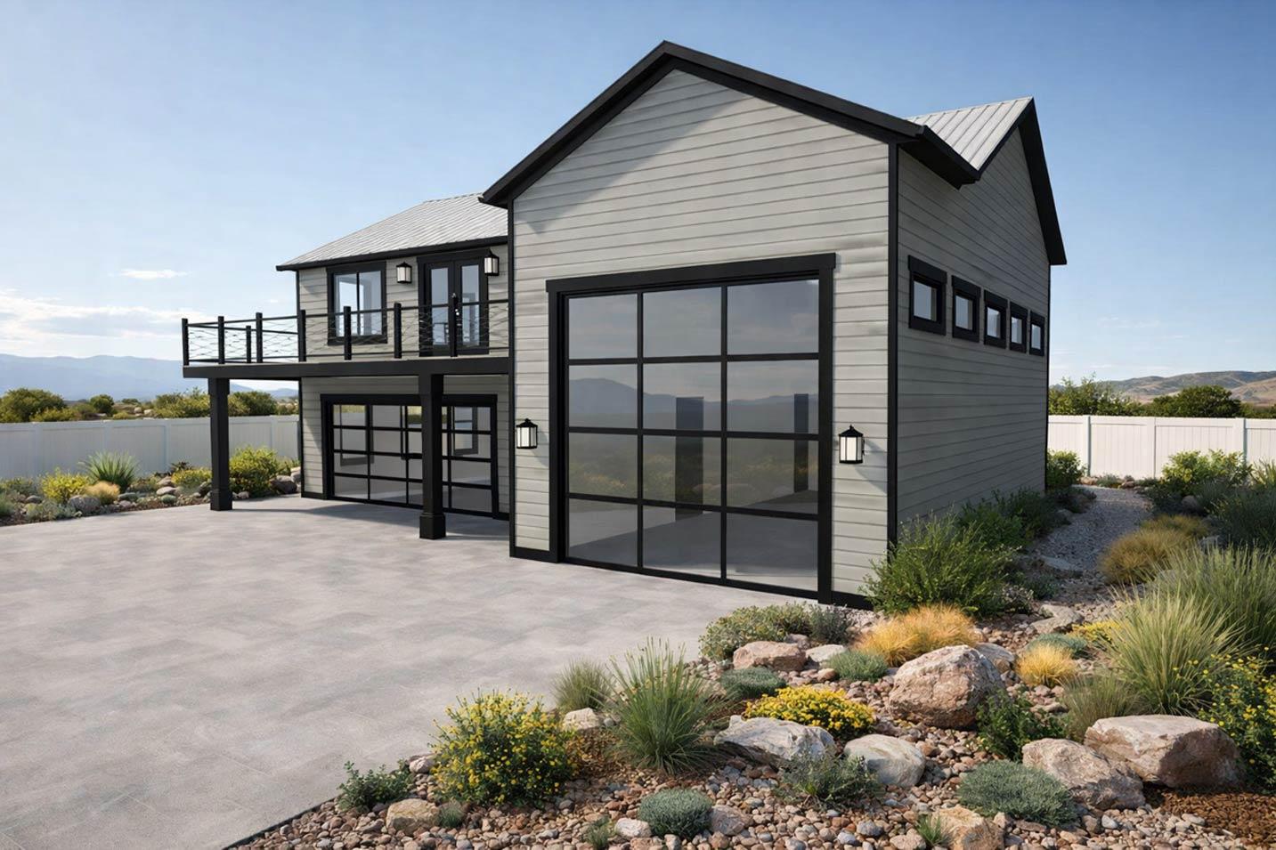House plan exterior: Modern style, two stories, two attached garages with glass doors, second-story balcony, metal roof.