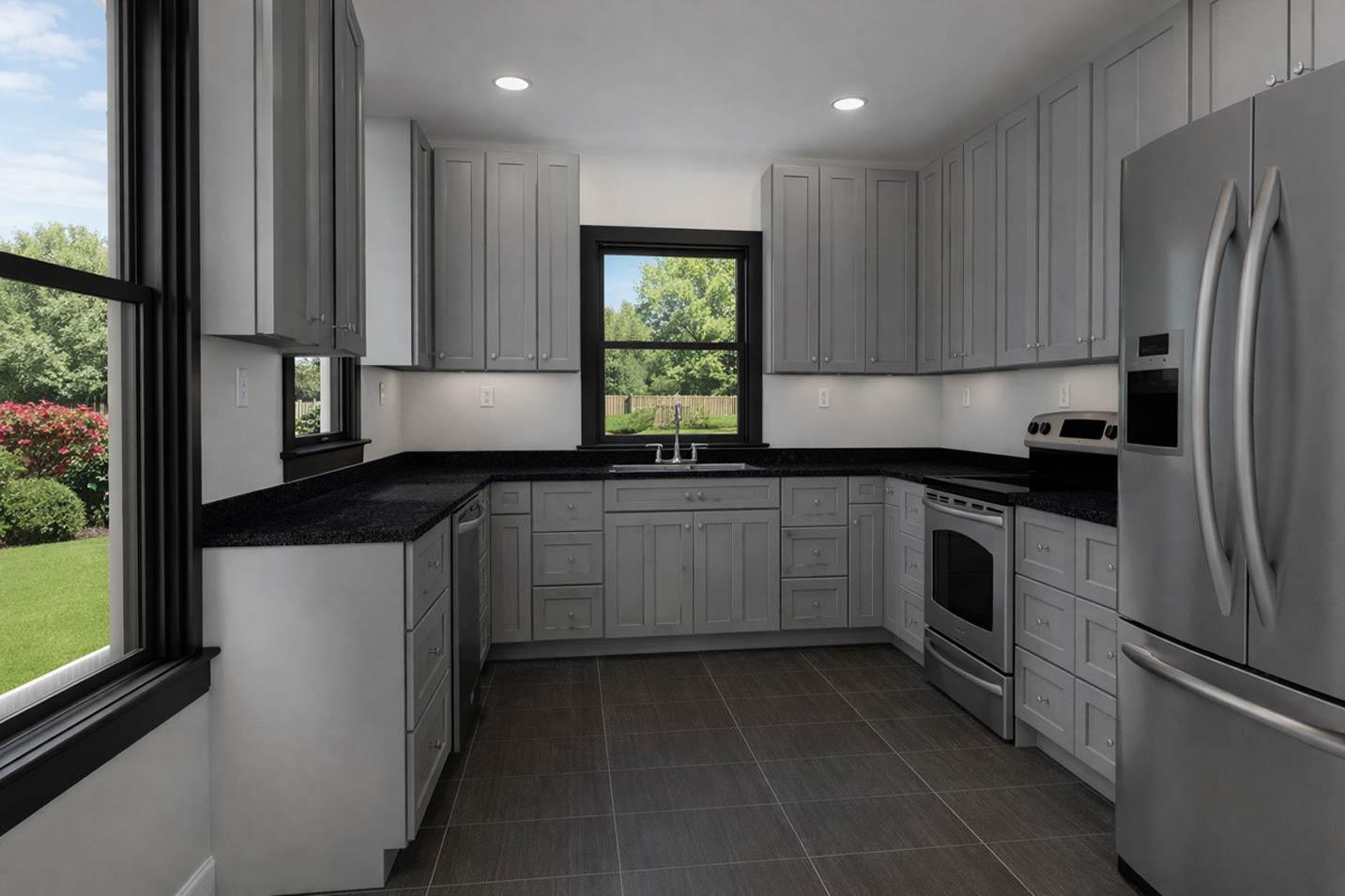 Kitchen with gray cabinets, black granite countertops, stainless steel appliances, and dark tile flooring.