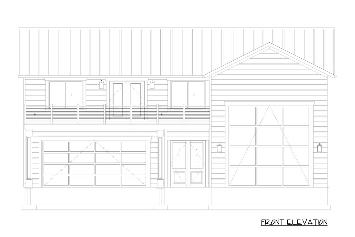 Front elevation drawing of a two-story house plan with a metal roof, two garage doors, and a second-story balcony.