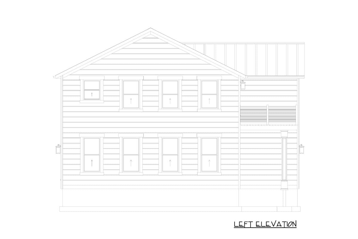 Left elevation drawing of a two-story house with horizontal siding, multiple windows, and a gabled roof.