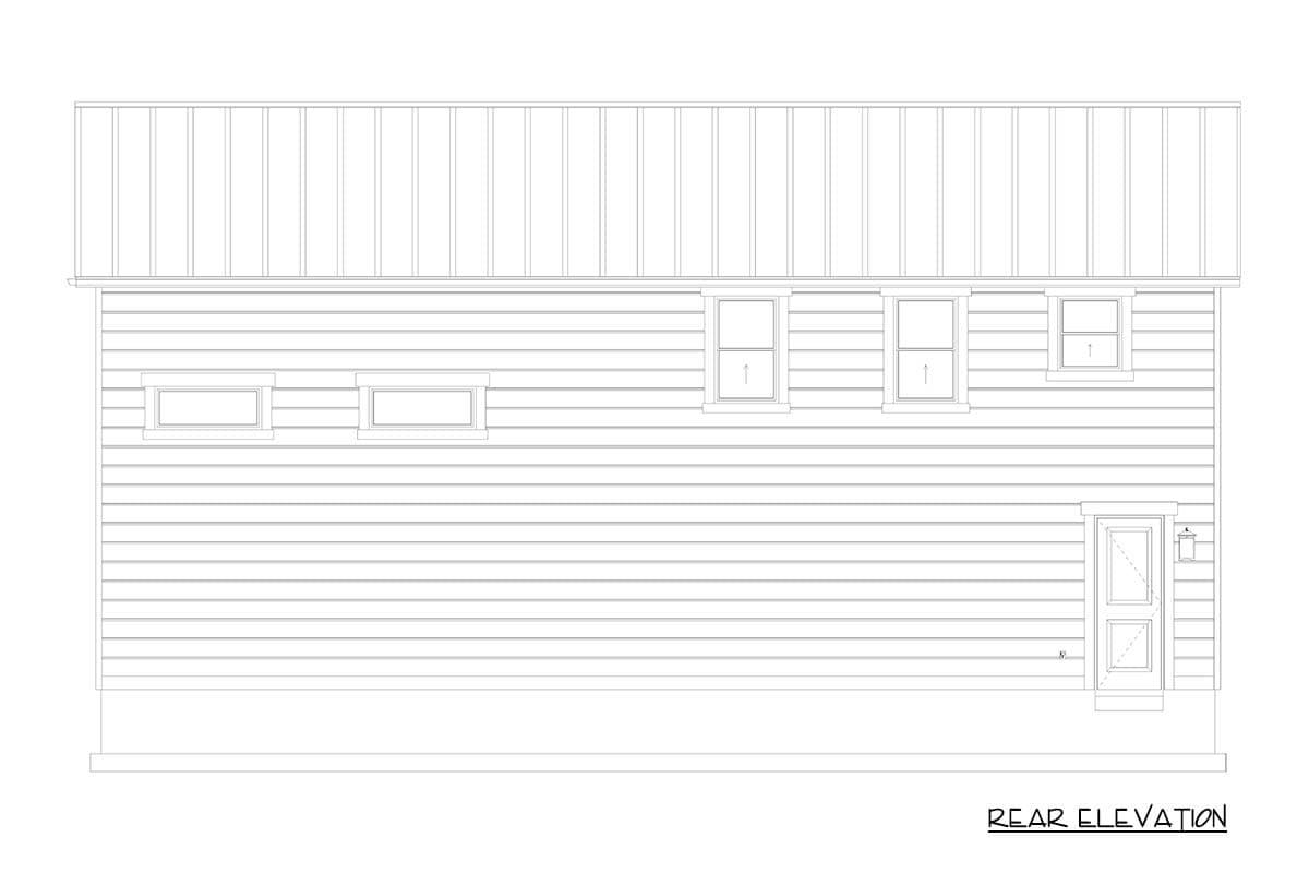 Rear elevation drawing of a house with horizontal siding, a metal roof, and five windows, including a door with a small window.