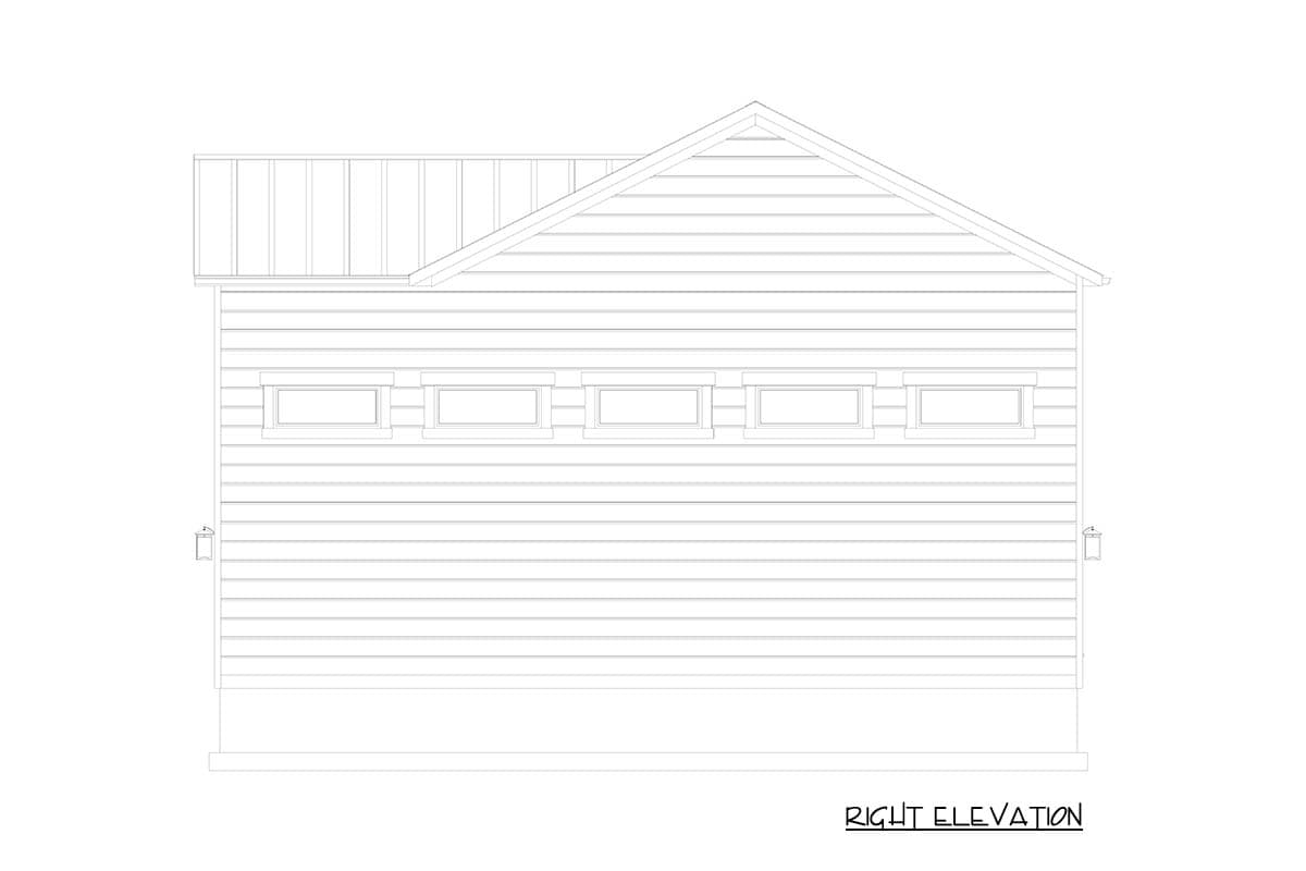 Right elevation drawing of a house plan with horizontal siding, a gable roof, and a row of five small, rectangular windows.