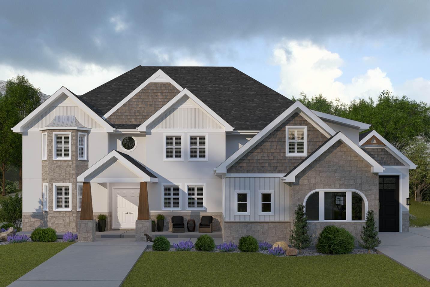 House plan exterior featuring a two-story design with stone and siding, gabled rooflines, a covered entryway with wood columns, and a bay window.