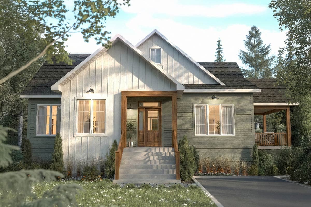 Modern Farmhouse house plan exterior with a prominent gable, covered entry with wood posts, and a side porch.