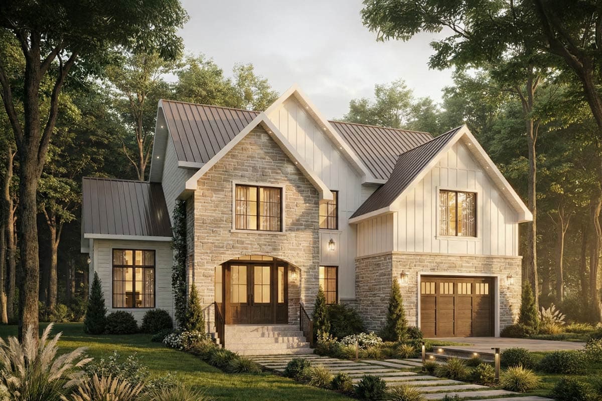 House plan exterior: Modern farmhouse style, two stories, stone facade, metal roof, prominent gables, and attached garage.