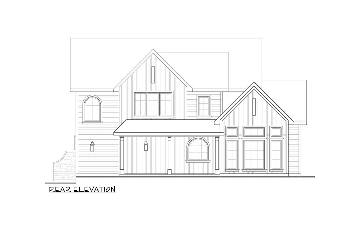 Rear elevation drawing of a two-story house with gables, a covered porch, and arched and rectangular windows.