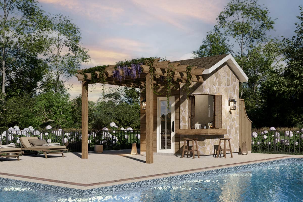 House plan exterior: stone and wood structure with wooden pergola, outdoor bar, and poolside.