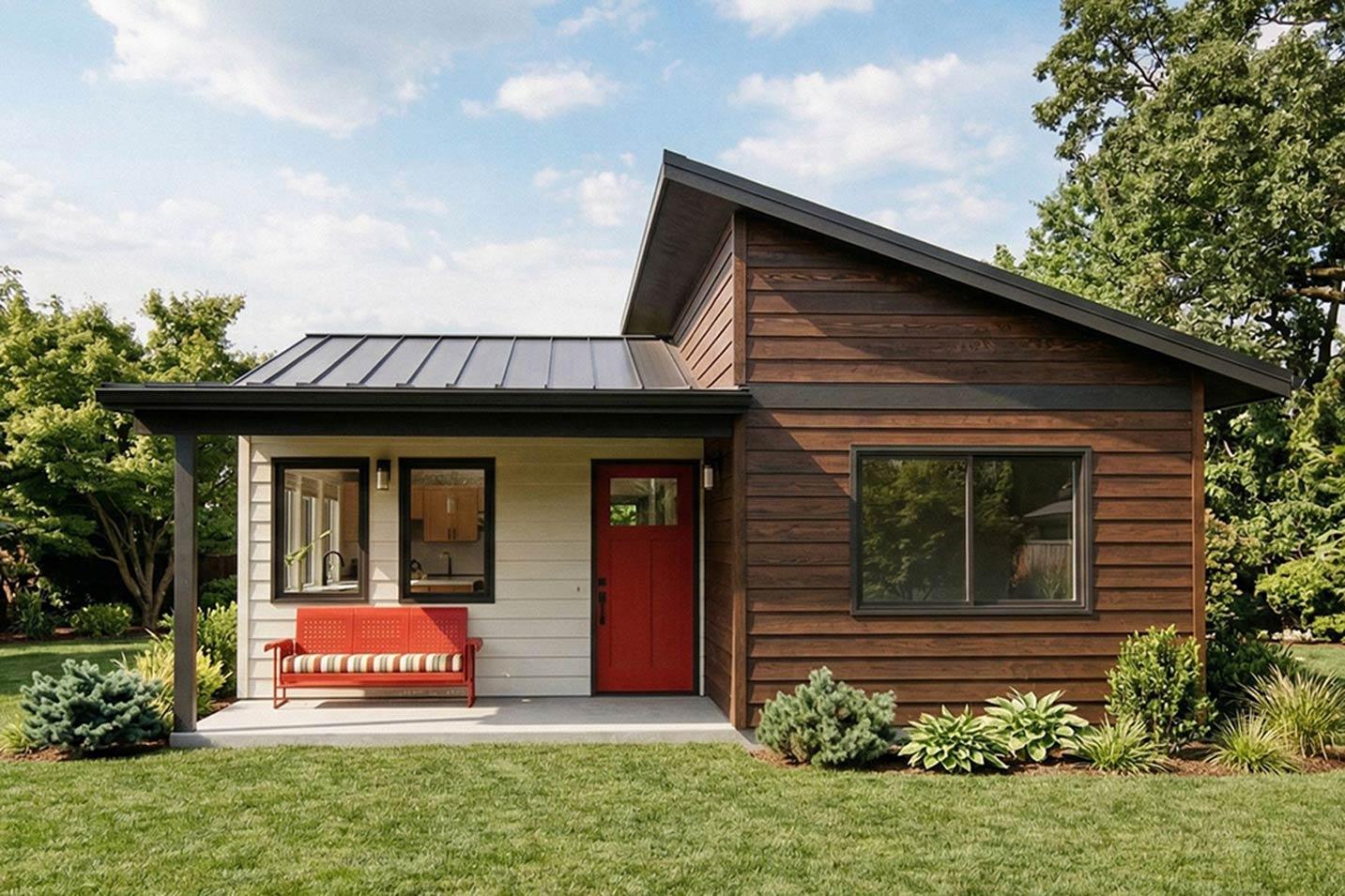 Modern house plan exterior with asymmetrical gables, metal roof, wood siding, covered porch, and red door.