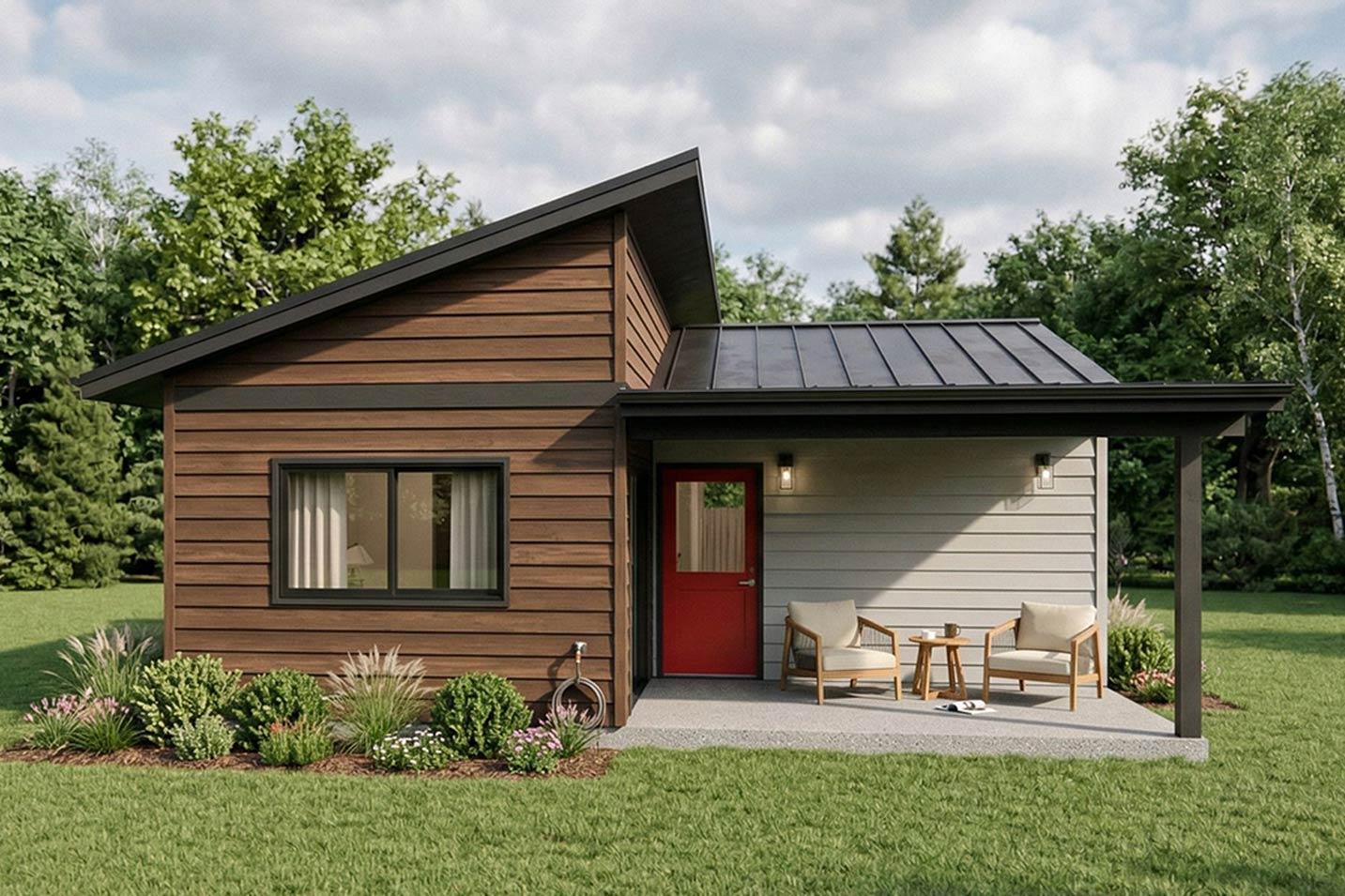 Plan 180026VNW: Modern 1-Bedroom House Plan with Vaulted Ceilings and Flex Space - Image #2 - Contemporary, Modern