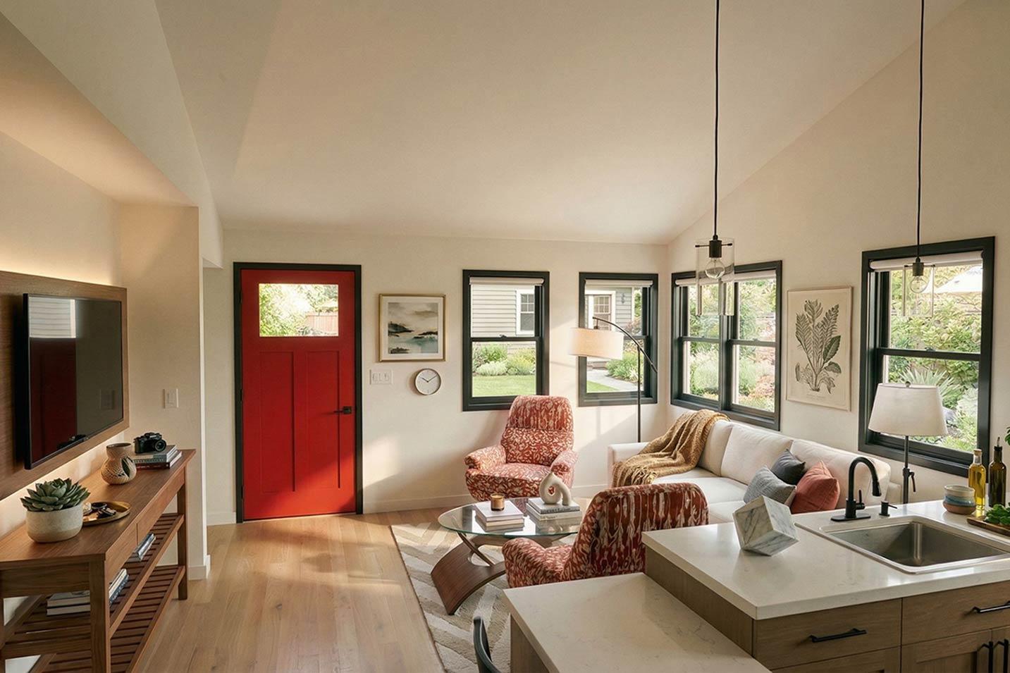 Open-concept living area with vaulted ceiling, red front door, sofa, armchairs, kitchen island with sink, and large windows.