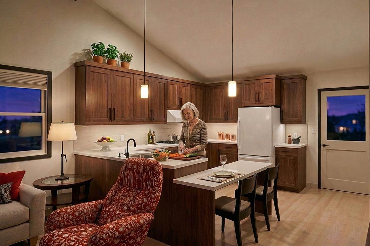 Kitchen and living area with vaulted ceiling, dark wood cabinets, island with seating, and a woman preparing food.