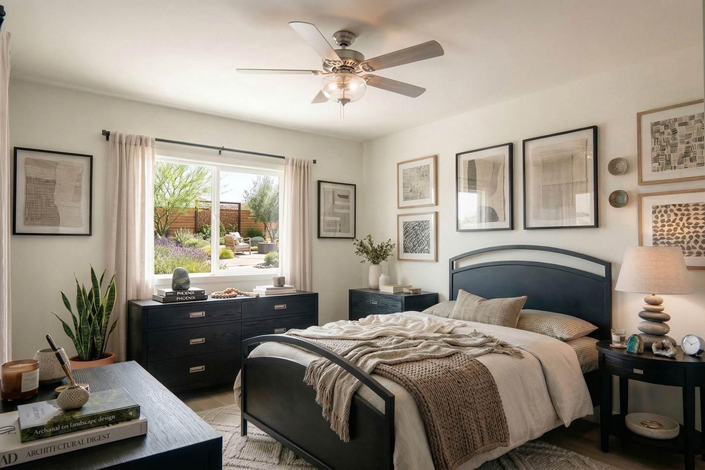 Bedroom with queen bed, dark wood dressers, large window with backyard view, ceiling fan, and artwork.