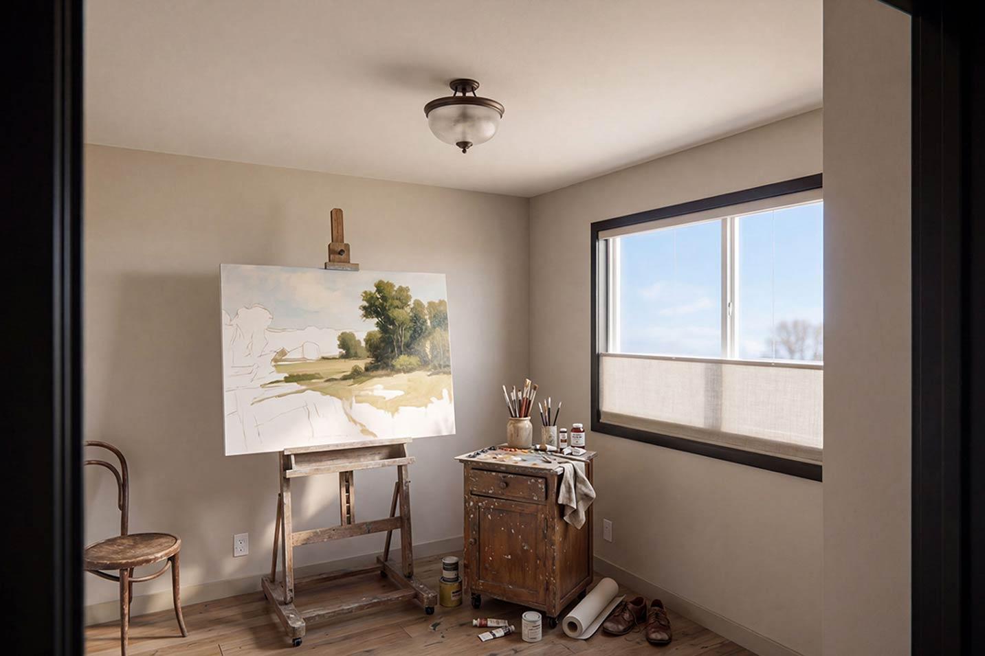 Art studio with an unfinished painting on a wooden easel, antique cabinet with art supplies, and a large window with a landscape view.
