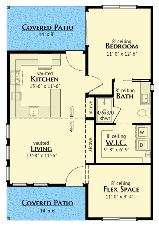 Plan 180026VNW: Modern 1-Bedroom House Plan with Vaulted Ceilings and Flex Space - Floor Plan - Main Level - Contemporary, Modern
