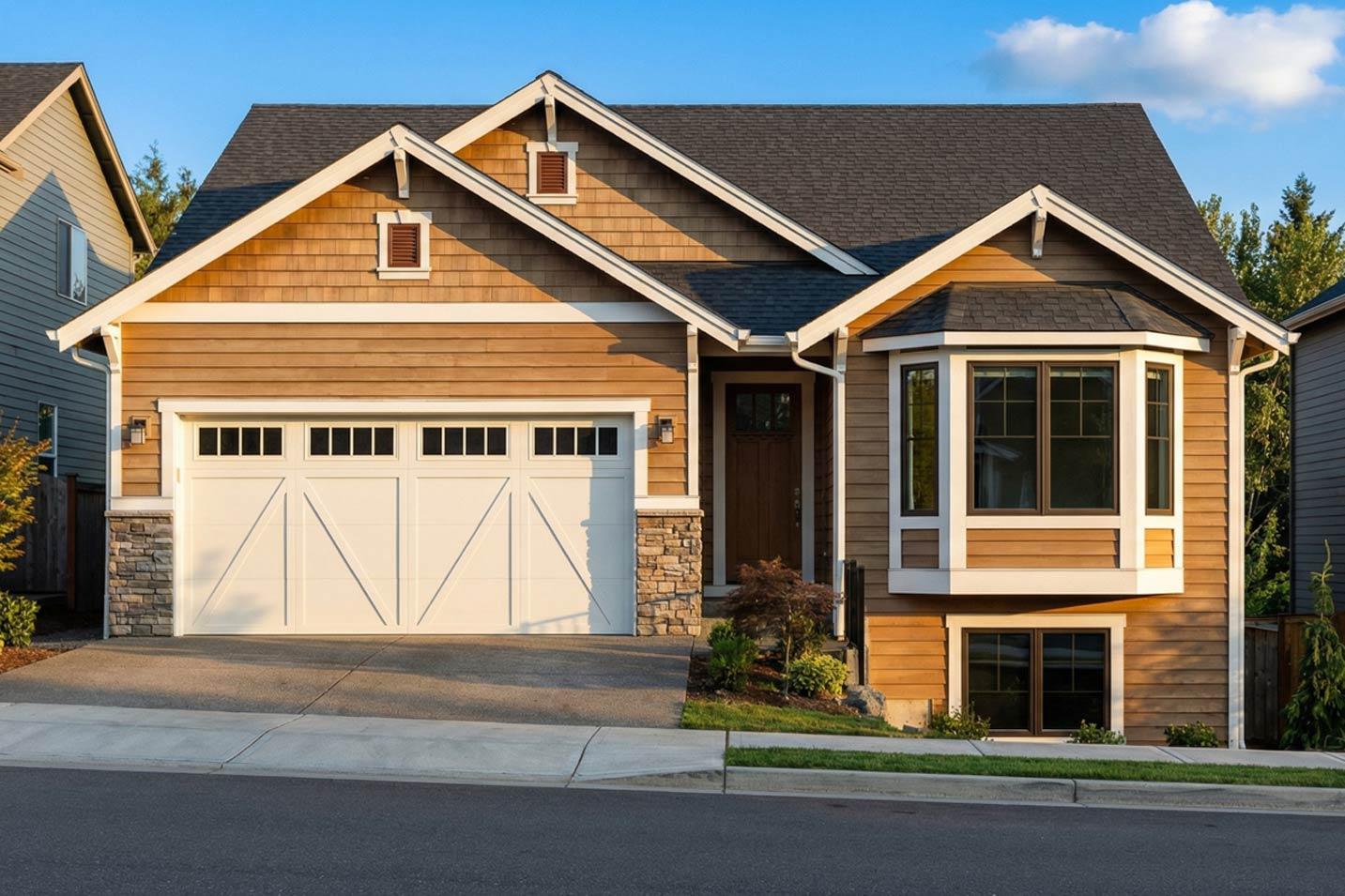 House plan exterior: Modern Farmhouse style, two stories, featuring a side-entry garage, gables with dormers, and a bay window.