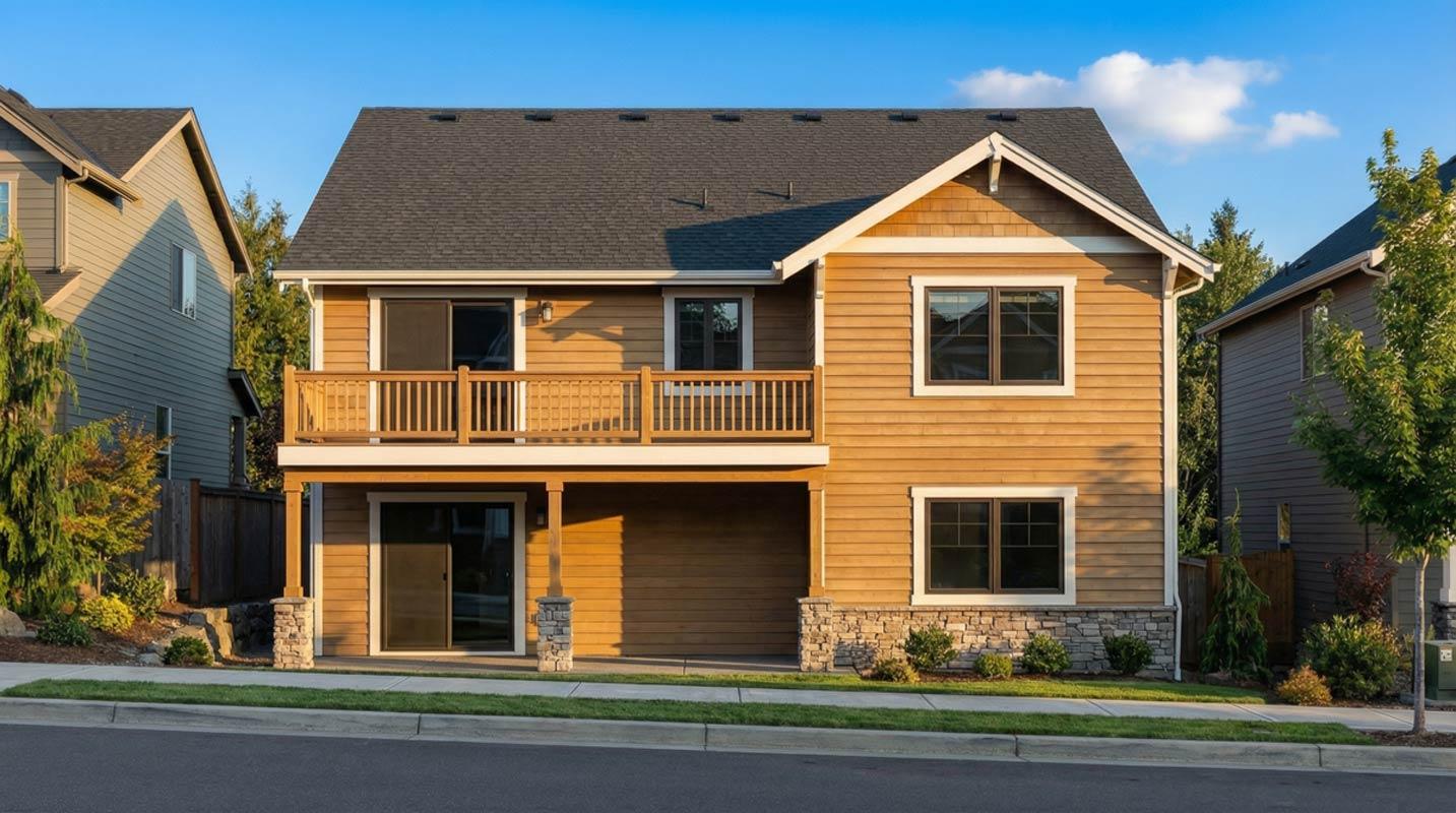 House plan exterior: Two-story Modern Farmhouse with horizontal siding, gable roof, second-story balcony, and stone accents.