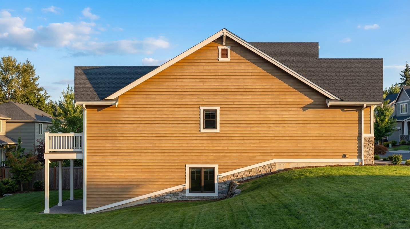 House plan exterior with horizontal siding, a gabled roof, dormer, and a raised deck with white railings.