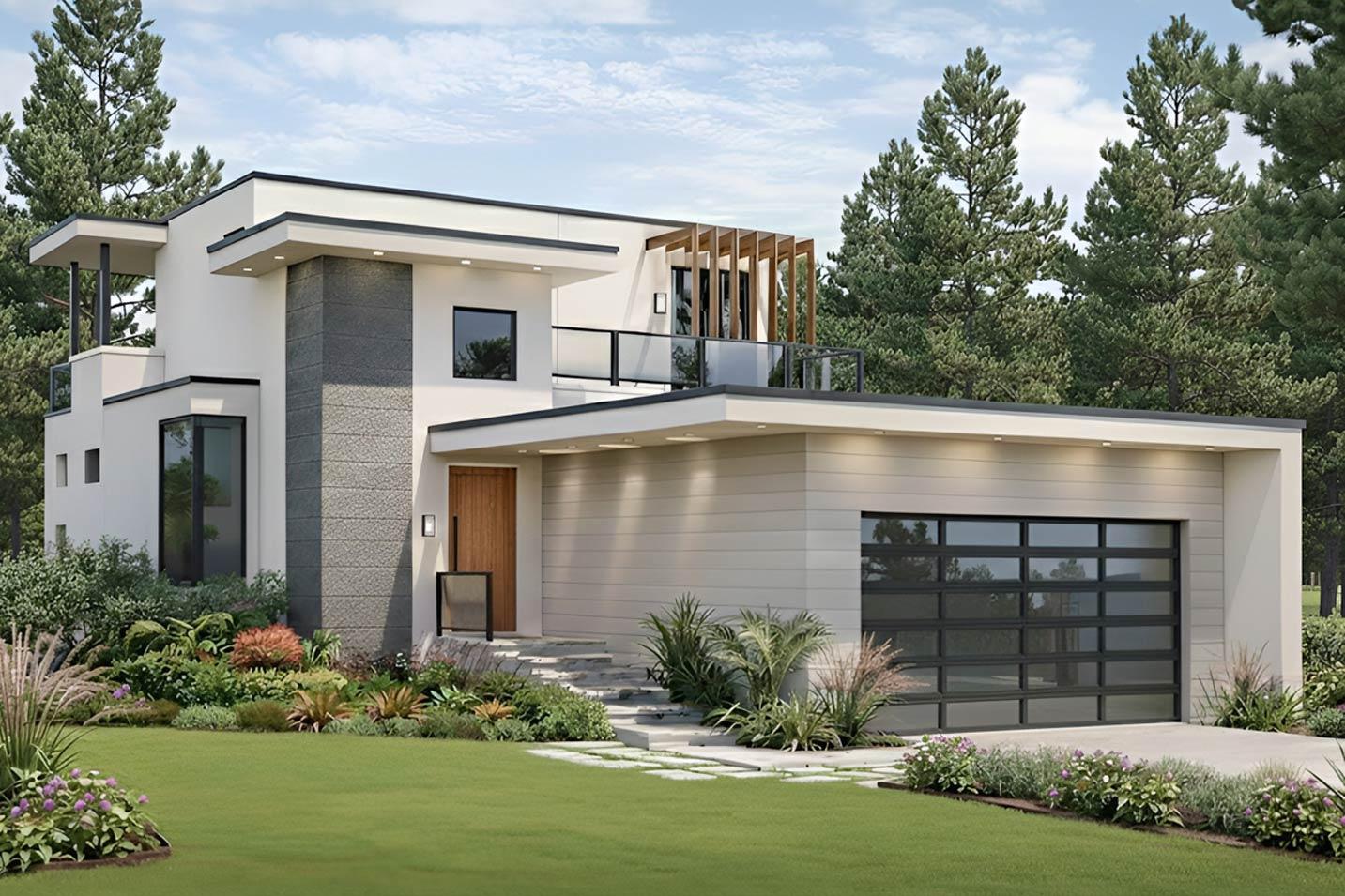 Modern two-story house plan exterior with flat roof, glass balcony, wood front door, and large glass garage door.