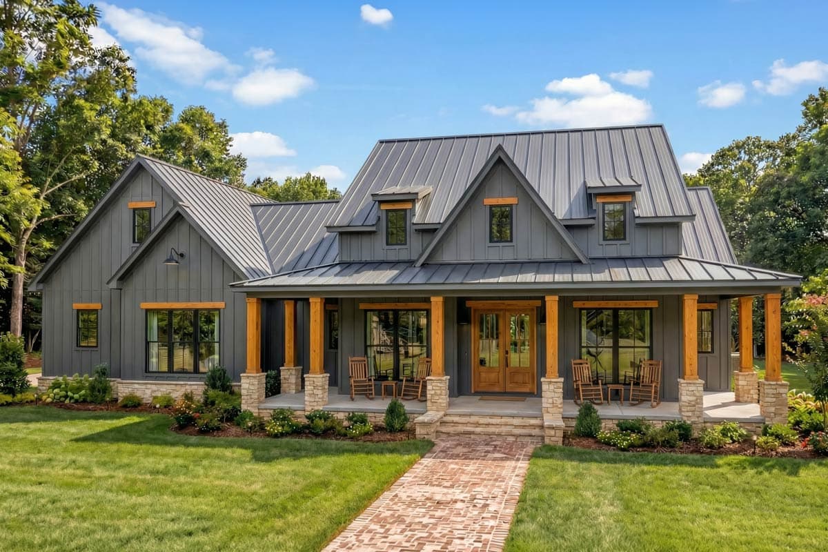 Modern Farmhouse house plan exterior with metal roof, prominent gables, covered porch with wood columns, and wood-trimmed windows.