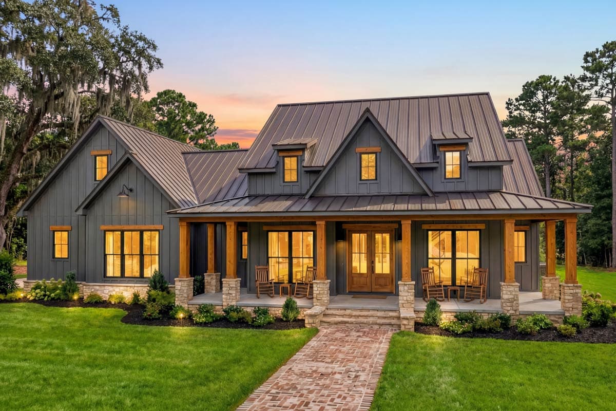 House plan exterior: Modern Farmhouse style, two stories, metal roof, wide covered porch with wood columns, gables, and dormers.