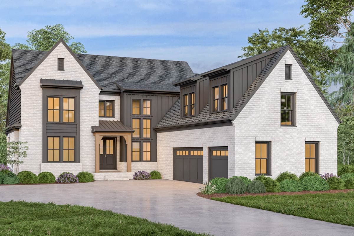 House plan exterior featuring white brick, dark gray board and batten siding, gable dormers, and a two-car garage.