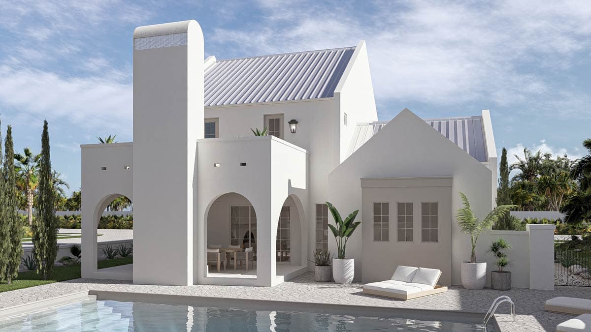 Modern Mediterranean house plan exterior with stucco finish, arched openings, metal roof, and tall silo-like feature.