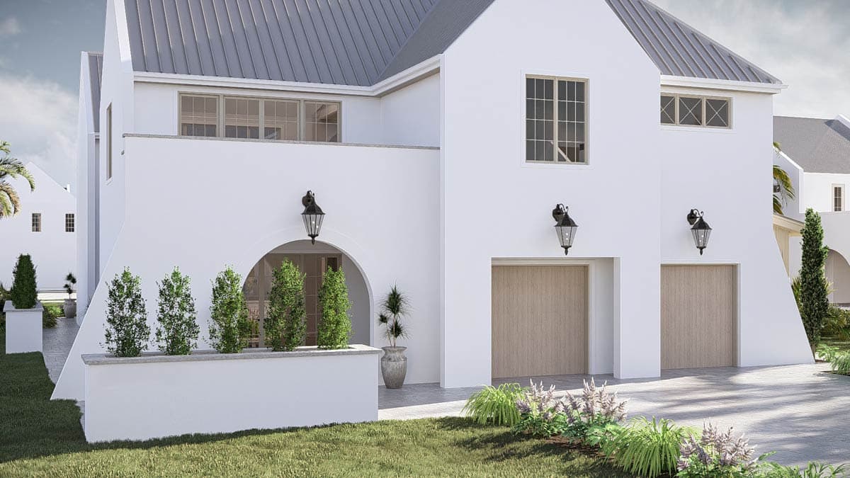 Modern house plan exterior with white stucco, metal roof, arched entry, and double garage doors.