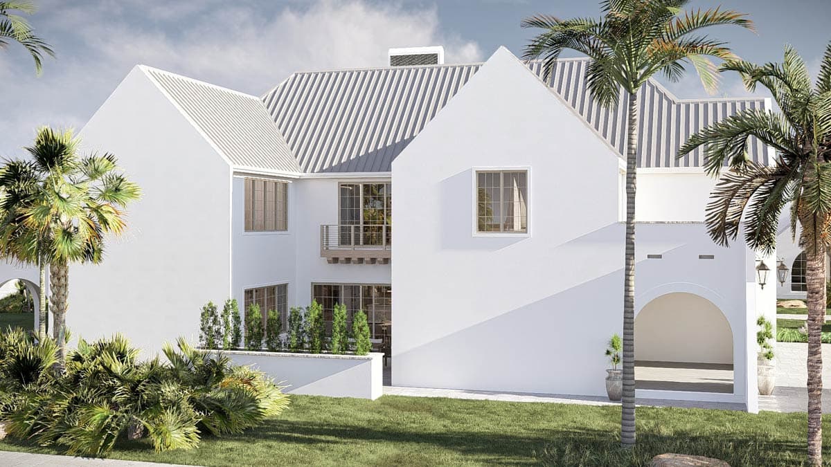 Modern house plan exterior with standing seam metal roof, multiple gables, second-story balcony, and arched garage entrance.