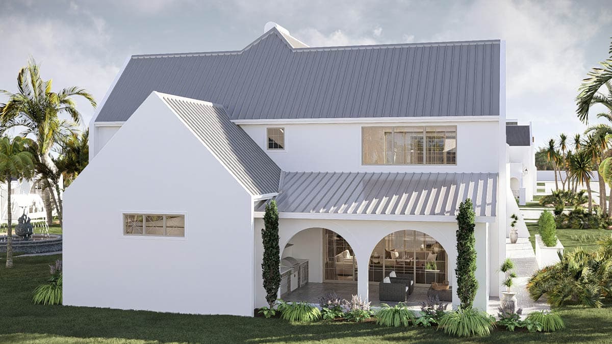 House plan exterior: Modern Farmhouse style, two stories, metal gable roof, arched covered patio with outdoor kitchen.