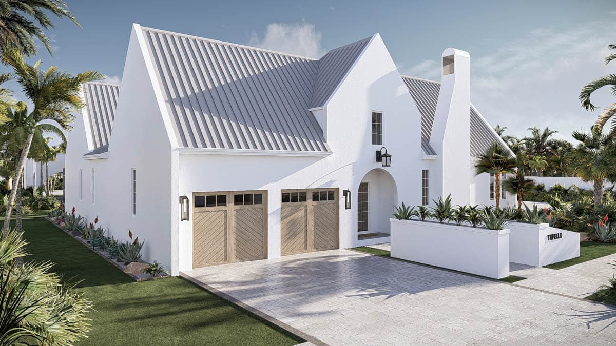 House plan exterior: Modern style with white stucco, metal gable roofs, double garage, arched entry, and prominent chimney.