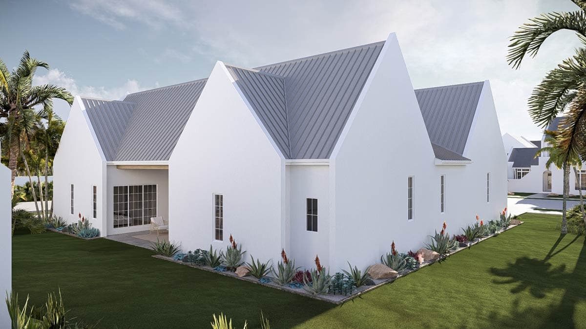 House plan exterior showing a white, stucco building with multiple gables and a standing seam metal roof.