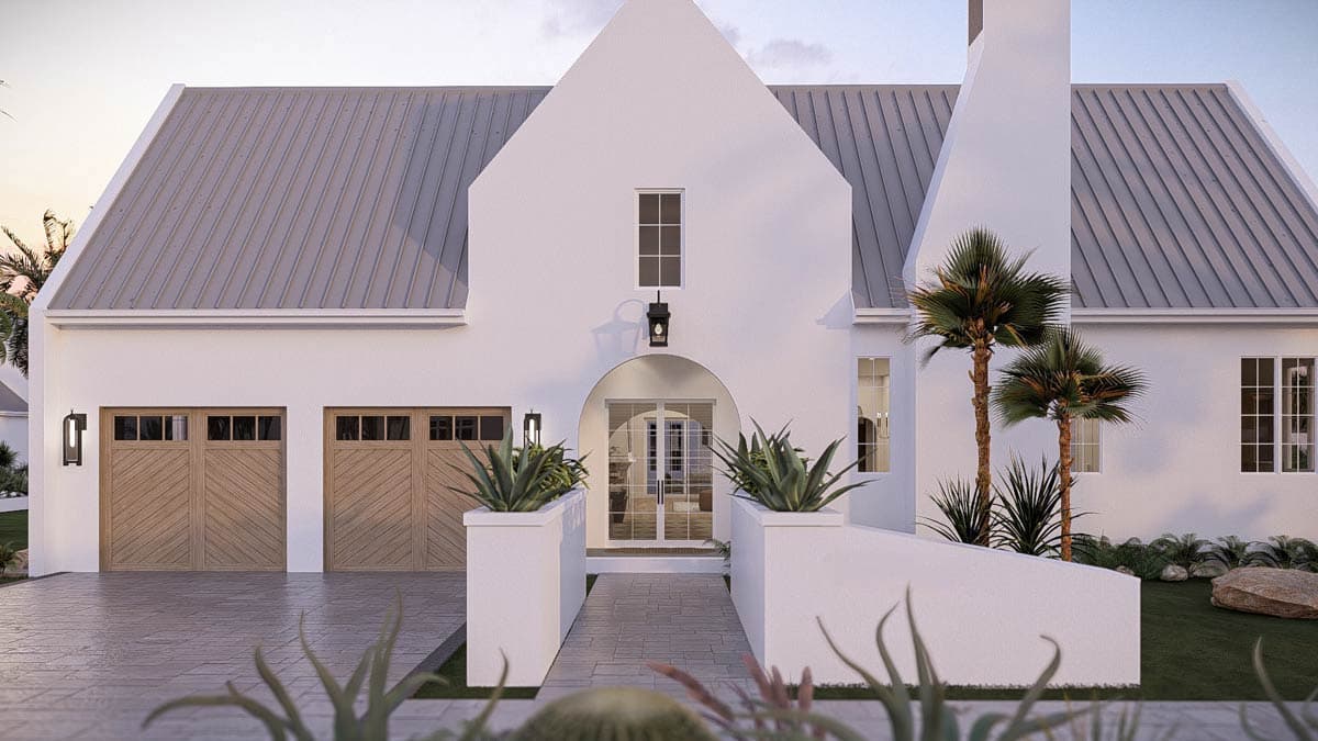 Modern house plan exterior with a prominent gable, arched entryway, and a three-car garage with wood doors.
