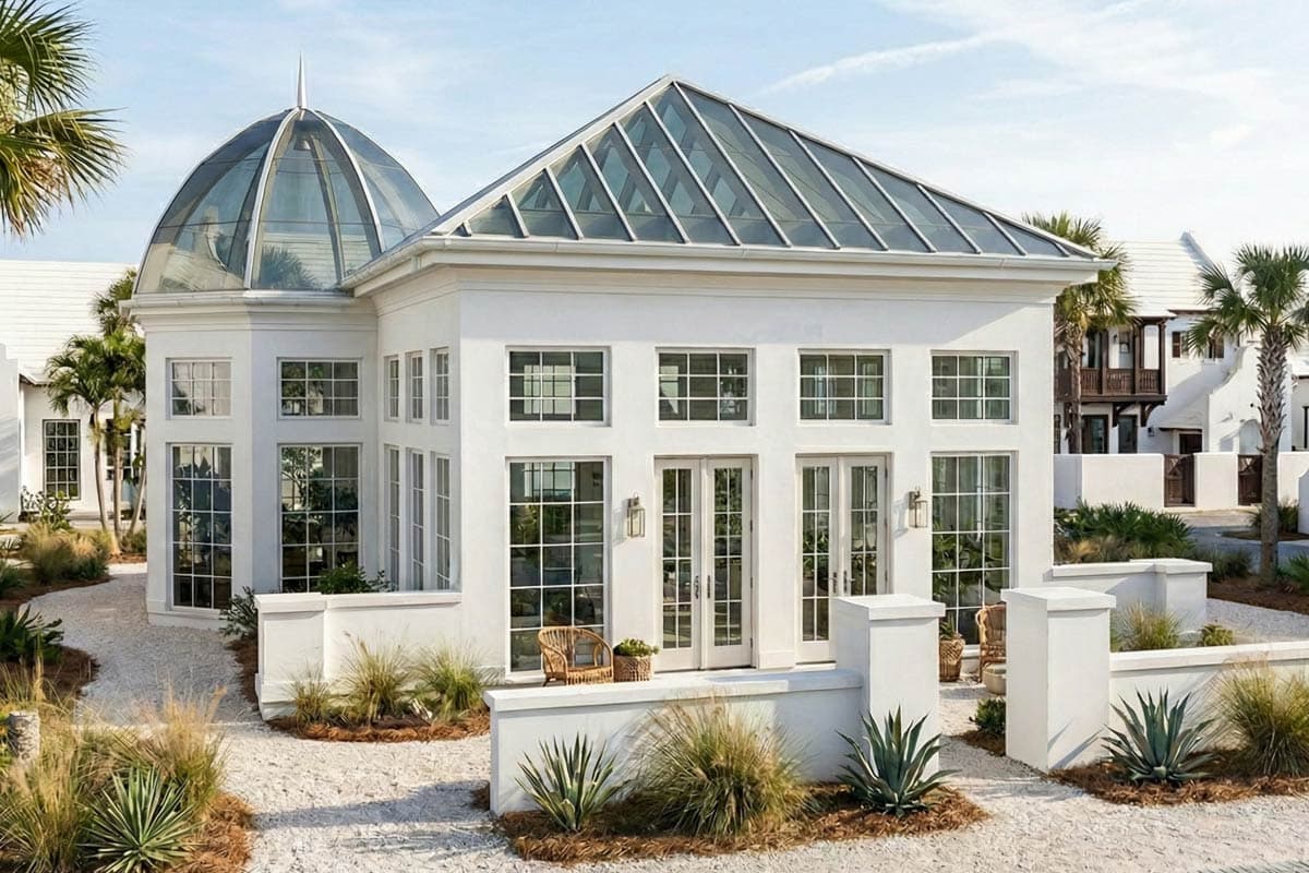 House plan exterior with a domed glass roof, a sloped glass roof, and large grid windows.