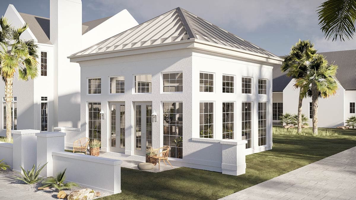 House plan exterior featuring a white stucco finish, metal gable roof, and numerous large windows.