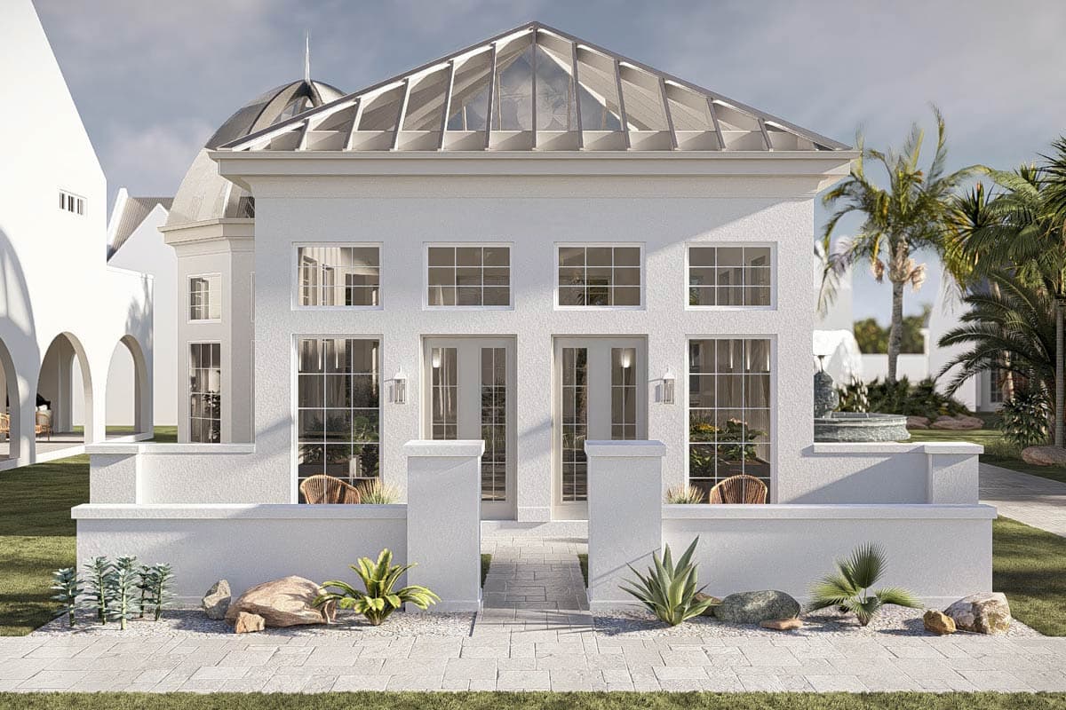 House plan exterior of a two-story modern home with a glass-paneled gable roof, large windows, and double doors.