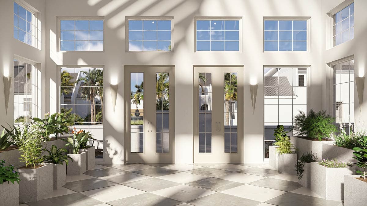 House plan exterior featuring double doors, multiple tall windows, and planters.